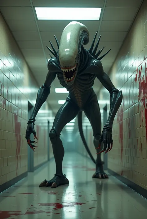 Create an image of an alien ,  a fusion of the Xenomorph with the alien from A Quiet Place .  Make it realistic and as if you were running down a college corridor.  Make it so big that it reaches the ceiling ,  make it a little more like something animalis...