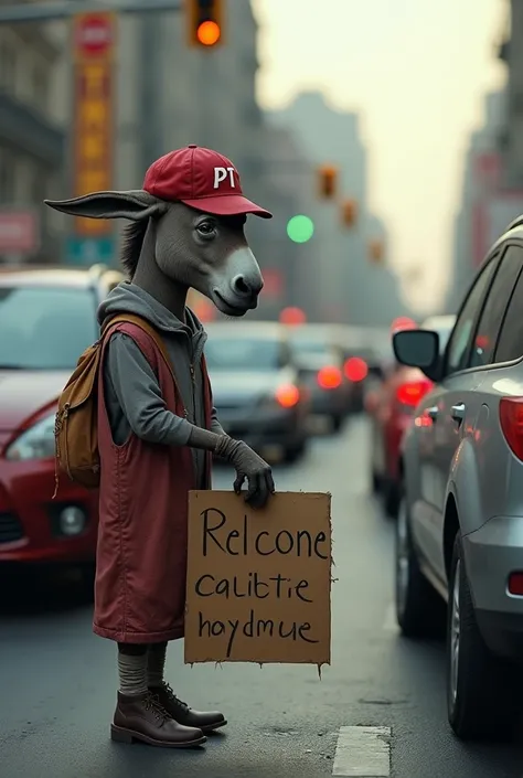 "A hyper-realistic and highly detailed scene of an anthropomorphic adult donkey standing at a busy traffic light, begging for alms among stopped cars. The donkey is wearing a worn-out red cap with PT written on it and has a weary expression. Its tattered c...