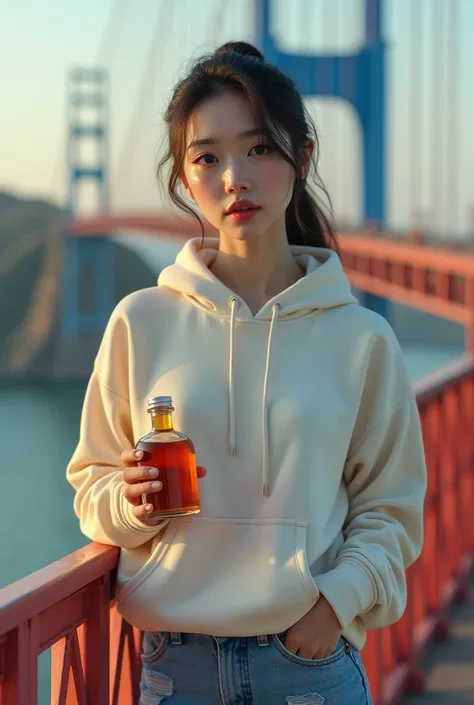 A beautiful Asian female wearing cream hoodie, ripped jeans,physical recreation of mythical "rainbow bridge" as a magnificent bridge structure, breathtakingly beautiful and vivid colored overpass, exquisite and magnificent architecture, detailed facial fea...