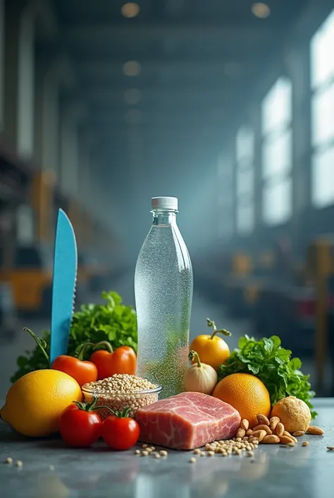  foods beneficial to health and bottled water.  do not show hamburgers or bottled soft drinks , with a fuzzy background of heavy machinery , Show a blue blade on the side