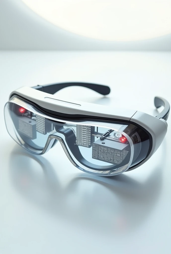 Augmented reality glasses with a futuristic and minimalist product design featuring sleek, transparent materials combined with metallic and matte finishes. The object displays clean lines, subtle curves, and a high-tech aesthetic. Transparent components re...