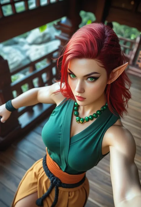 Beautiful elf female, photoreaistic, warrior monk, fair skin, (((medium red hair))), green eyes, black eyeliner, ((medium breasts)), pointy ears, strong, fit. Wearing green chinese shirt. Japanese village background. Wearing Buddhist bead necklace. Kung fu...