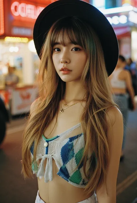 top view tilt head up, portrays a woman with long, honey skin, sleek gold pink, blue and green hair spreads, styled in soft, natural waves that frame her face. She exudes a sultry yet elegant allure, open wool hat, wear loose see through diamond tank top c...