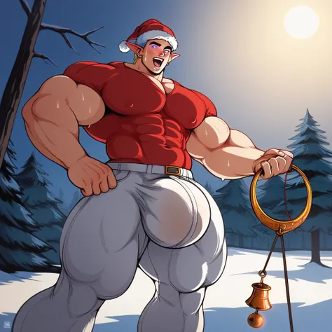 best quality, masterpiece, extremely detailed, muscular bodybuilder elves passing gifts in line, rugged windswept hair, sweaty, wearing a crystal, wearing a tight elf costume including hat and shirt and pants, hypnotizing other elves to grow into big dumb ...