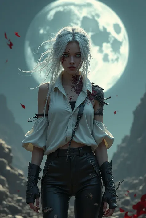  Young woman with white hair with a small braid.  Deep wound on her face ,  piercing her left eye up to her shoulder .  right eye gray .  Dressed in black leather pants and white blouse ,  shattered silver armor , wound and bleeding .  Battlefield and luna...