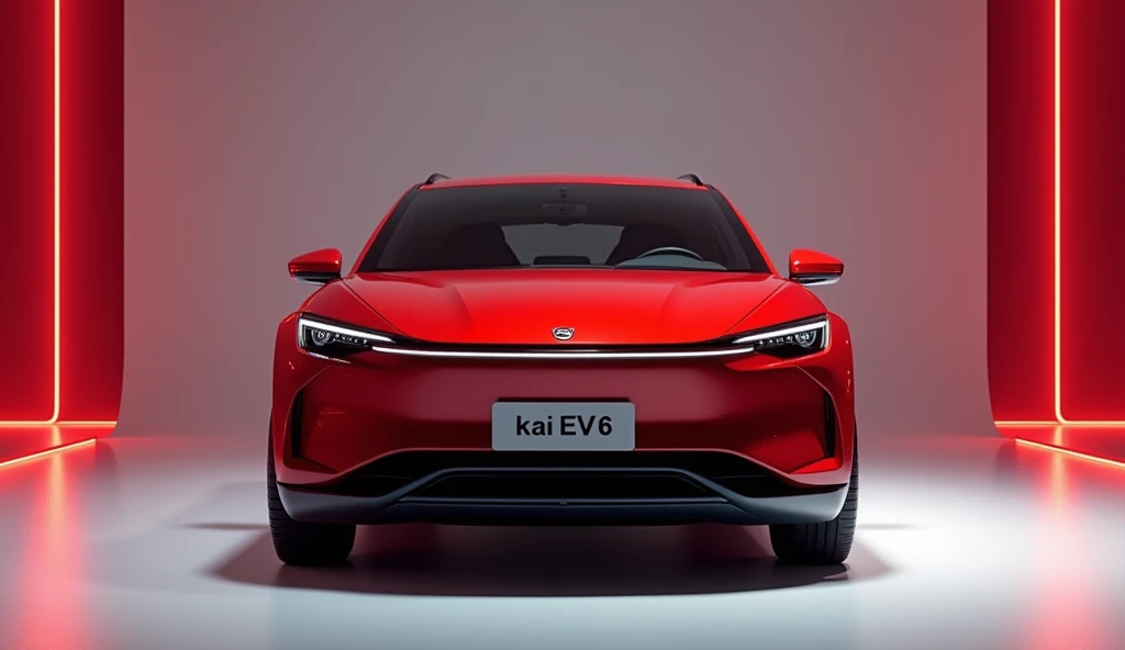 Create straight front view of a modern 2025  kai EV 6 in runway red color in Lexury Bright showroom background captured right straight front view in sports look and overall 3d render and reflecting lights on car body and write kai EV 6 on front number plat...