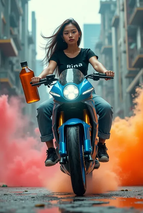 A beautiful Indonesian woman, wearing a black T-shirt that says "RIINA" a little chubby, cargo jeans, riding a blue futuristic sports motorbike jumping with a freestyle slow-motion effect, surrounded by broken glass, with views of tall buildings and roads,...