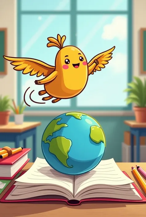 create an image of an animated  who is flying over a book around the world and who is in a school environment with his materials at his school easy to draw that has a phrase 