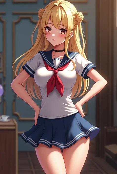 sexy blonde anime girl with beautiful eyes and big tits in a sailor outfit, showing her ass
