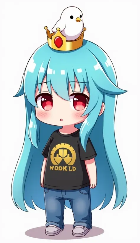 Heres a detailed description of the entire scene, excluding the banner:

- **Character**: The focal point is a chibi (small and cute) styled character with long, bright blue hair that flows down past the shoulders. The hair is adorned with a golden headpie...