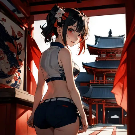   Masterpiece ,  great quality,  top quality,  high definition , 4K, 8k, 超 high definition , 
 Ukiyo-e painting style ,The world of navy blue and vermilion ,
1girl, hotpants,  chest , Temple,whole body, Looking Back.Mischievous expression、twintails
