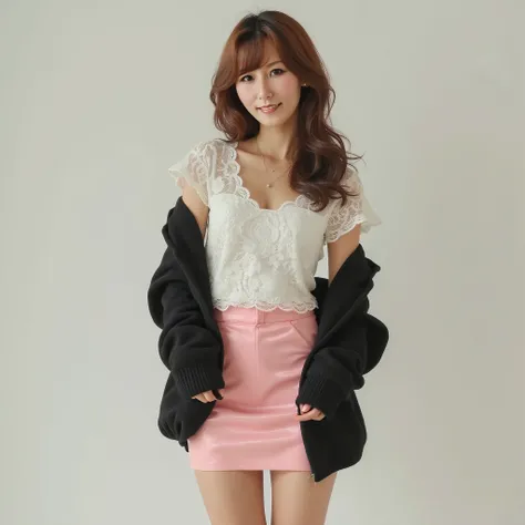 30 years old Japanese woman, 150cm tall, diamond face, smile, big eyes, big mouth, light brown long hair, perm only the tips of the hair, white floral lace T-shirt, reveal the hem of a t-shirt, black thin cardigan, light pink mini pencil skirt, shiny beige...