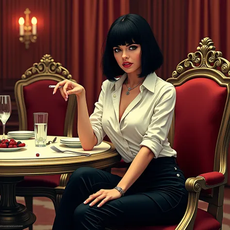 A stylish Wallace from the movie Pulp Fiction, directed by Quentin Tarantino. The scene captures Mia sitting at an elegant, opulent dining table with ornate details, surrounded by an ambiance of luxury. Mia is depicted in her iconic outfit—a white button-u...