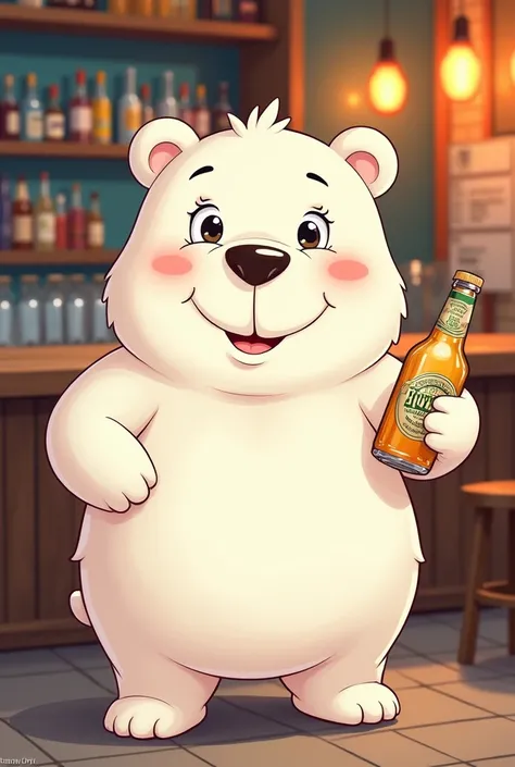 Cuddly bear with a bottle of drinks , A white bear 
To promote a bar
More cartoon