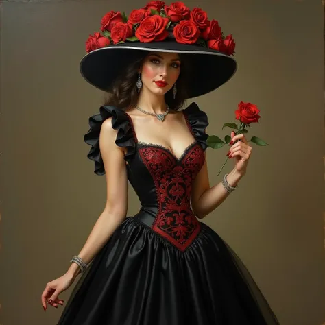 oil on linen of a woman wearing a black dress and a large hat with red roses on it. The woman is standing at a right angle to the viewer with a confident smile . She is holding a red rose in her hand and is wearing a necklace and earrings. Her dark hair is...