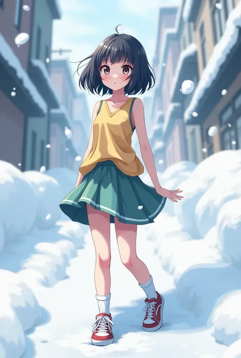  shes a cute Japanese high school girl 。
Its snowing in the middle of winter and 、 in a situation where snow is piled up all around 、Im looking like summer wearing sleeveless clothes and a miniskirt。