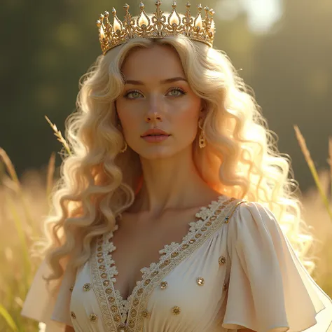 Beautiful goddess, elaborate white dress, 40s, huge curly blonde hair, wearing a crown. Scene in daylight, golden light. The tones of the image are predominantly white and gold, in an ethereal atmosphere. connection with nature. head and shoulders portrait...