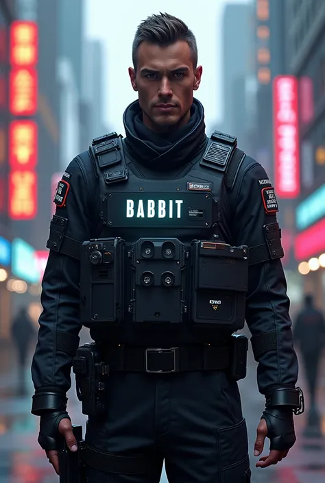 Draw a futuristic cop with the name Babbit below the cop 