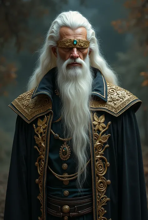 a man, slender body, white-haired with a tall height ,  of extravagant bearing who wears gems in his hair ,  wears a humba pure gold bandage on his face and his precision is that wizard 