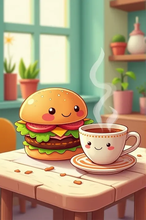 Burger and tea in a table in cartoon animation 