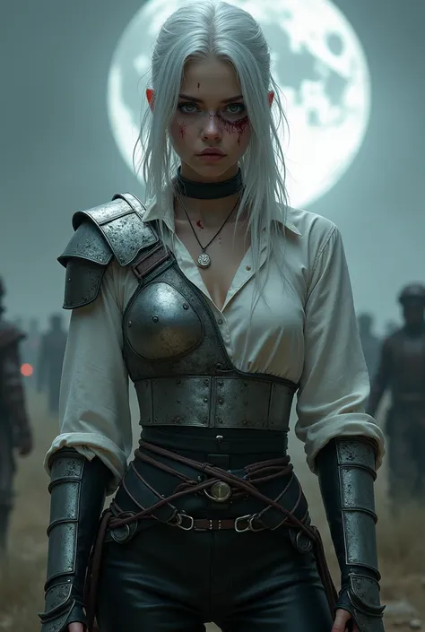  Young woman with white hair with a small braid. Cut on your face over your left eye to your jaw.  right eye gray .  Dressed in black leather pants and white blouse ,  shattered silver armor , wound and bleeding .  Battlefield and lunar eclipse in the back...