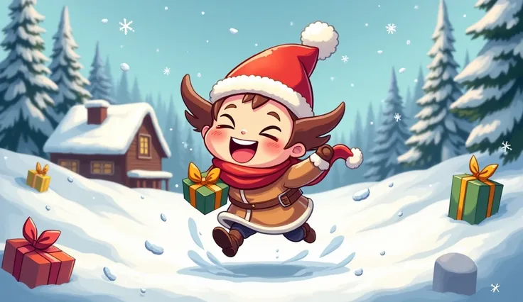 ren laughing and playing in the snow, holding gifts and enjoying the holiday spirit. Cartoon