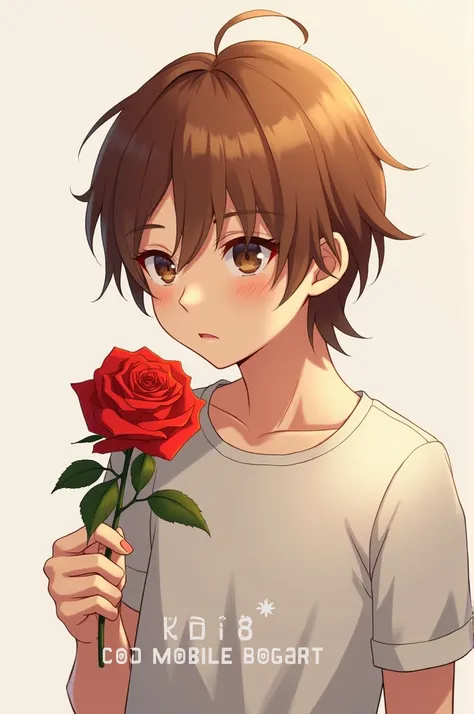 Create me a brunette boy with medium-length anime hair with a rose in his hand and has the letters Cod Mobile Bogart on the bottom