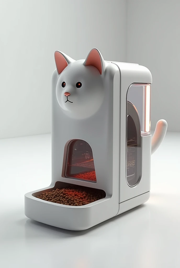 Cat food dispenser with a futuristic and minimalist product design featuring sleek, transparent materials combined with metallic and matte finishes. The object displays clean lines, subtle curves and a high-tech aesthetic. Transparent components reveal int...