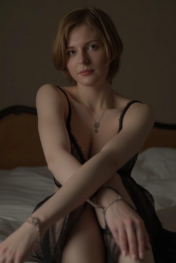 There is a woman wearing sexy lingerie sitting on the bed in the room, Ashley from Resident Evil, Ashley, female character, Ashley Graham, female main character, Resident Evil, short blonde hair, necklace, spread legs, tits, ultra-realistic 8k photo Octan,...