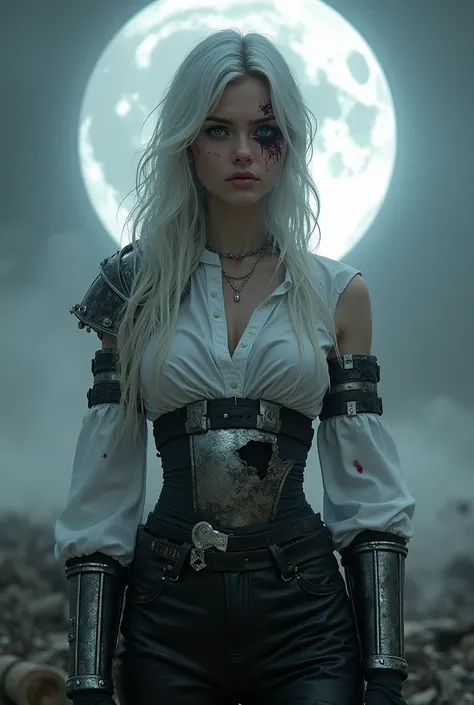  Young woman with white hair with a small braid. Cut on your face over your left eye to your jaw.  right eye gray .  Dressed in black leather pants and white blouse ,  shattered silver armor , wound and bleeding .  Battlefield and lunar eclipse in the back...