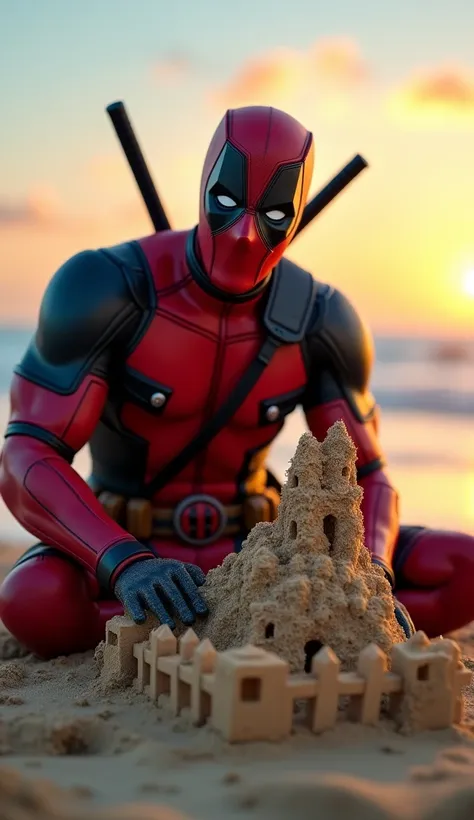 A photorealistic image of Deadpool, the Merc with a Mouth, building a sandcastle on a beach at sunset. He is wearing his signature red and black suit and has a mischievous grin on his face. The sandcastle should be detailed, with a small fence, a door, and...