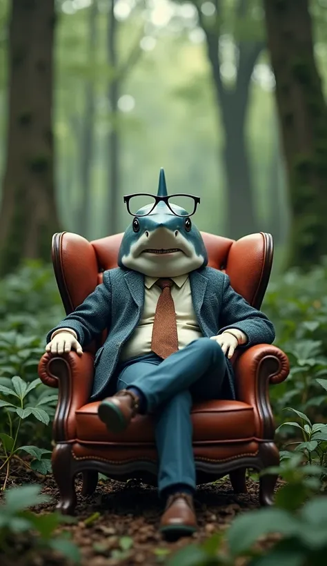 create a shark sitting in the chair in the forest, with teacher clothes and eye glasses, looking direct with the 2 eyes to the camera