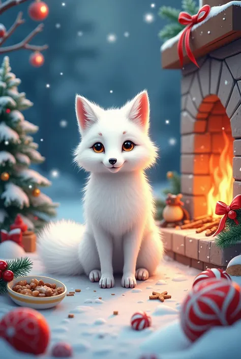    masterpiece， top quality，  high definition  ，8ｋ，  christmas illustration， Christmas Winter Scenery ，Christmas food ， white baby fox ，cute,