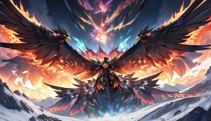 (panoramic, low angle), (ultra quality hory war illustration), (ultra beautiful and strong:1.3 biggest black Phoenix with double exposure beautiful aurora flame), flying in the above sky, ((Glowing flame breath)), in the above sky, background ((a lot of ma...