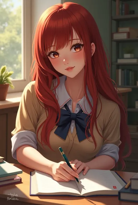  Eighteen year old girl,  long red hair,  honey-colored eyes , oechos grandes, caderas grandes.  She is a high school student , She wears a schoolgirl uniform . sitting studying. 