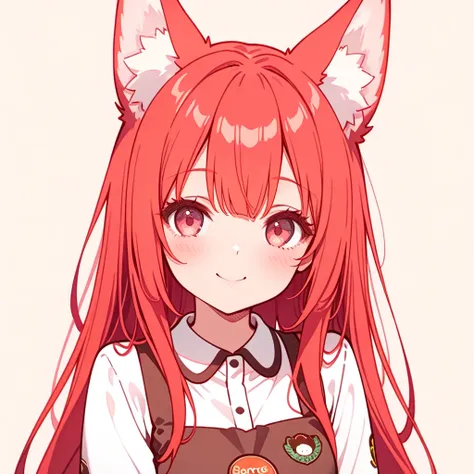  mascot for anime-style coffee shop logo, lineart,  fox girl, red-haired, Very pretty and smart , happy,  long hair, Wearing coffee shop uniform 