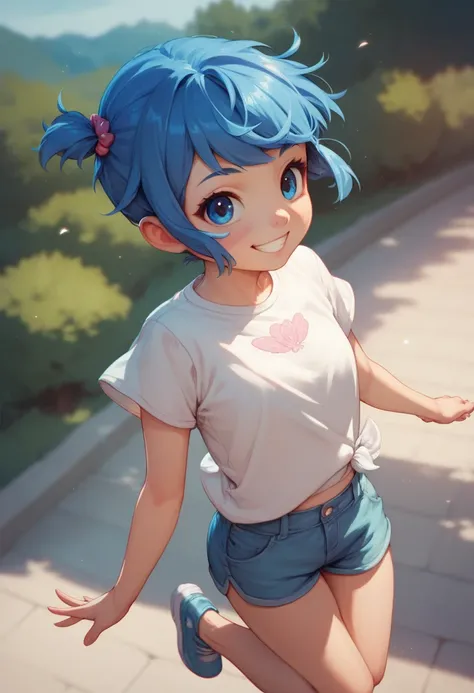 cute loli anime girl, short twintail blue hair, blue eyes, smile, beautiful, shirt, short pants, jumps, 