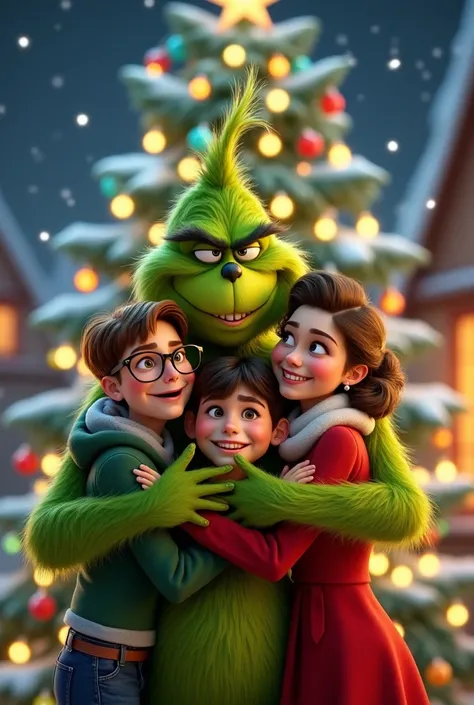 Cartoon cartoon;  The Grinch with an  boy with glasses and an adult woman who likes Christmas, all of them embraced next to an adorned Christmas tree 