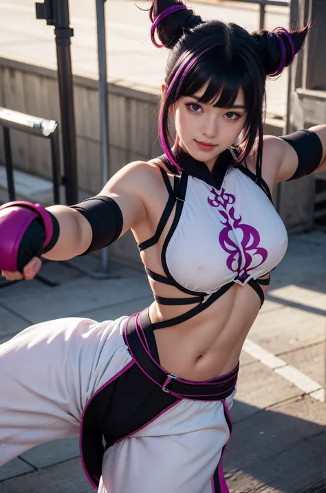 masterpiece, best quality , 1girl, JuriMS , sfiv , hair horns,   white baggy pants, bangs,  、(smile :1.4, open your fist,  action pose:1.1)   Fighting Stance :1.3,   action scene,  dynamic pose ,   serious expression、
 purple inner color、multi　bang haircol...