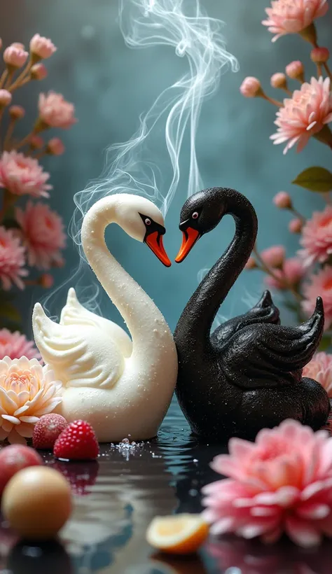  create a delicious ice cream effect ，Flowing like a waterfall  ，,  cigarette smoke waterfall and delicious ice cream effects in the shape of a white swan and a black swan，Chrysanthemums are adorned with gemstones，Exquisite，Advanced，Is it possible  ，  deli...