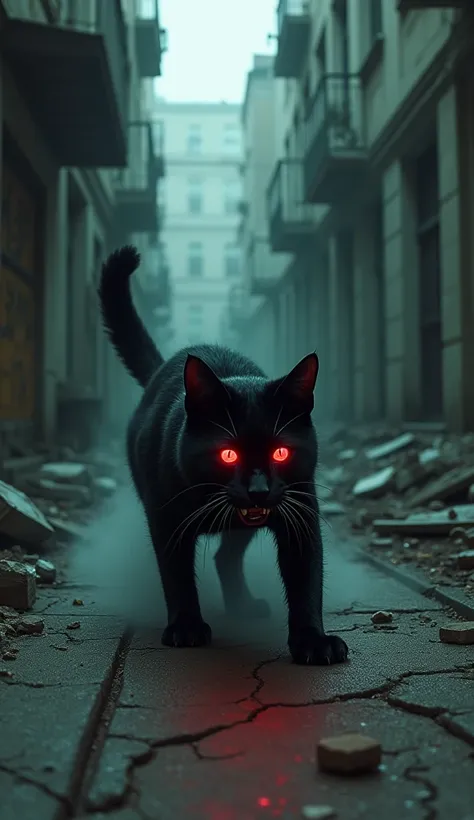 Horror, black cat, red eyes, dirty street, horror style, dark theme 