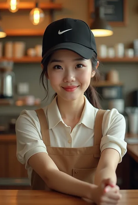  A beautiful Korean woman with tied hair wearing a black nike baseball cap, working in a shoope coffee  , with a light brown uniform to match the skirt , fulhd high ratio  