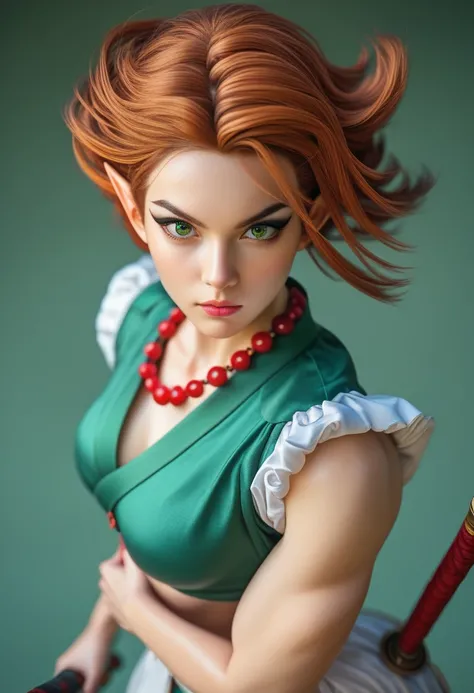 Beautiful elf female, photoreaistic, warrior monk, fair skin, (((medium copper hair))), green eyes, black eyeliner, ((medium breasts)), pointy ears, strong, fit. Wearing green chinese shirt. Japanese village background. Wearing Buddhist bead necklace. Kung...