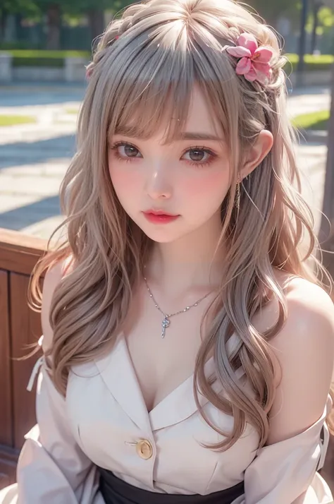 {{masterpiece}}, are of the best quality, highly detailed , extremely fine CG unity 8k wallpaper,illustration, 1 Girl,  Red Eyes ,  wavy silver hair , Pointed ears, vampire, skirt, necklace, Hair Flower, snow, ice, whole body, shooting,High close-up,  high...