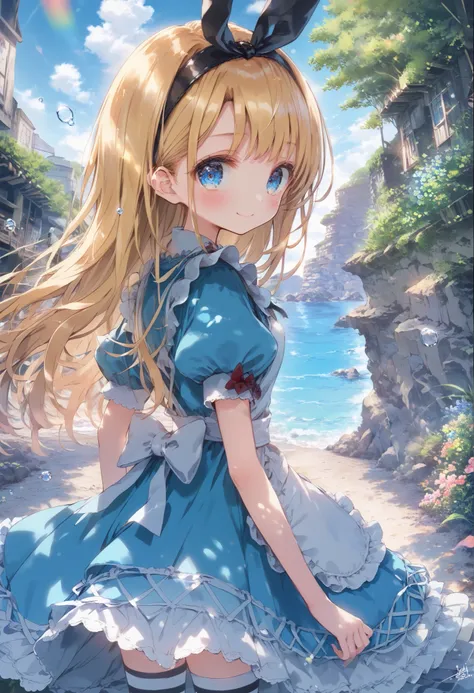 [  WAI-ANI-NSFW-PONYXL  :100],
score_9, score_8_up, score_7_up, score_6_up, score_5_up, score_4_up, masterpiece, best quality, source_anime,
alone,cute 1girl,(loli),blonde hair,straight long hair,blunt bangs,Black ribbon hairband,blue eyes,blush, smile,( A...