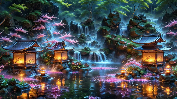 A Masterpiece In 32K Resolution, Supreme Quality, Super Detail, Official Art, Very High-Resolution 32K Wallpaper, Beautiful And Aesthetic, Ultra-Detailed Features, Awe-Inspiring Detail. An Elegant 32K Anime Scene Of A Hidden Hot Spring Surrounded By Steami...