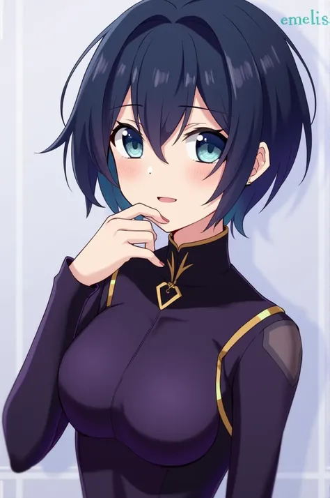 Vẽ anime 1 OC trong Hemicipher, dark blue hair , dark purple costume, short hair,