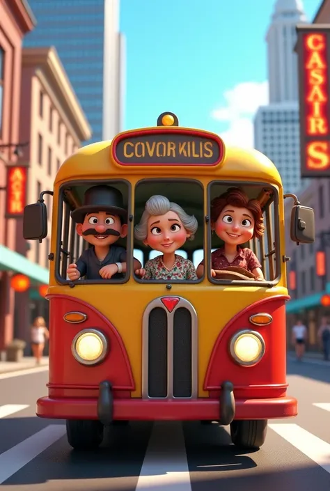  Generate a cinematic 3D cartoon style . ** a bus with three people in random accents.*