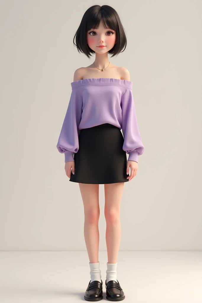 Create an image coquette outfit for a girl,
wearing lilac tube top pair with black short skirt , and black loafers with white sock. 50 and short hair without bangs, semi round face, dont tuck in the tube