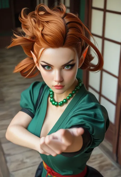 Beautiful elf female, photoreaistic, warrior monk, fair skin, (((medium copper hair))), green eyes, black eyeliner, ((medium breasts)), pointy ears, strong, fit. Wearing green chinese shirt. Japanese village background. Wearing Buddhist bead necklace. Kung...